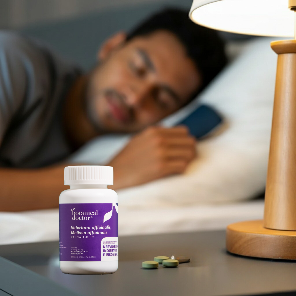Pill bottle on nightstand near person lying in bed holding phone.