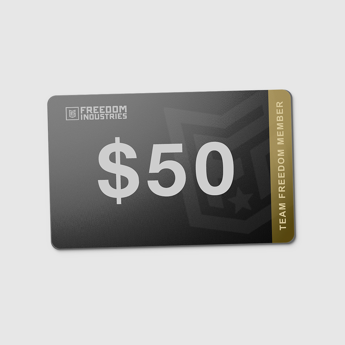 Black card with '$50' and 'Freedom Industries' logo.