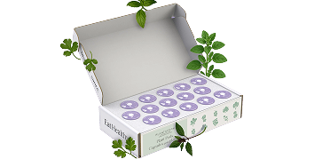 An open white box filled with purple plant pods, surrounded by fresh green herbs against a black background.