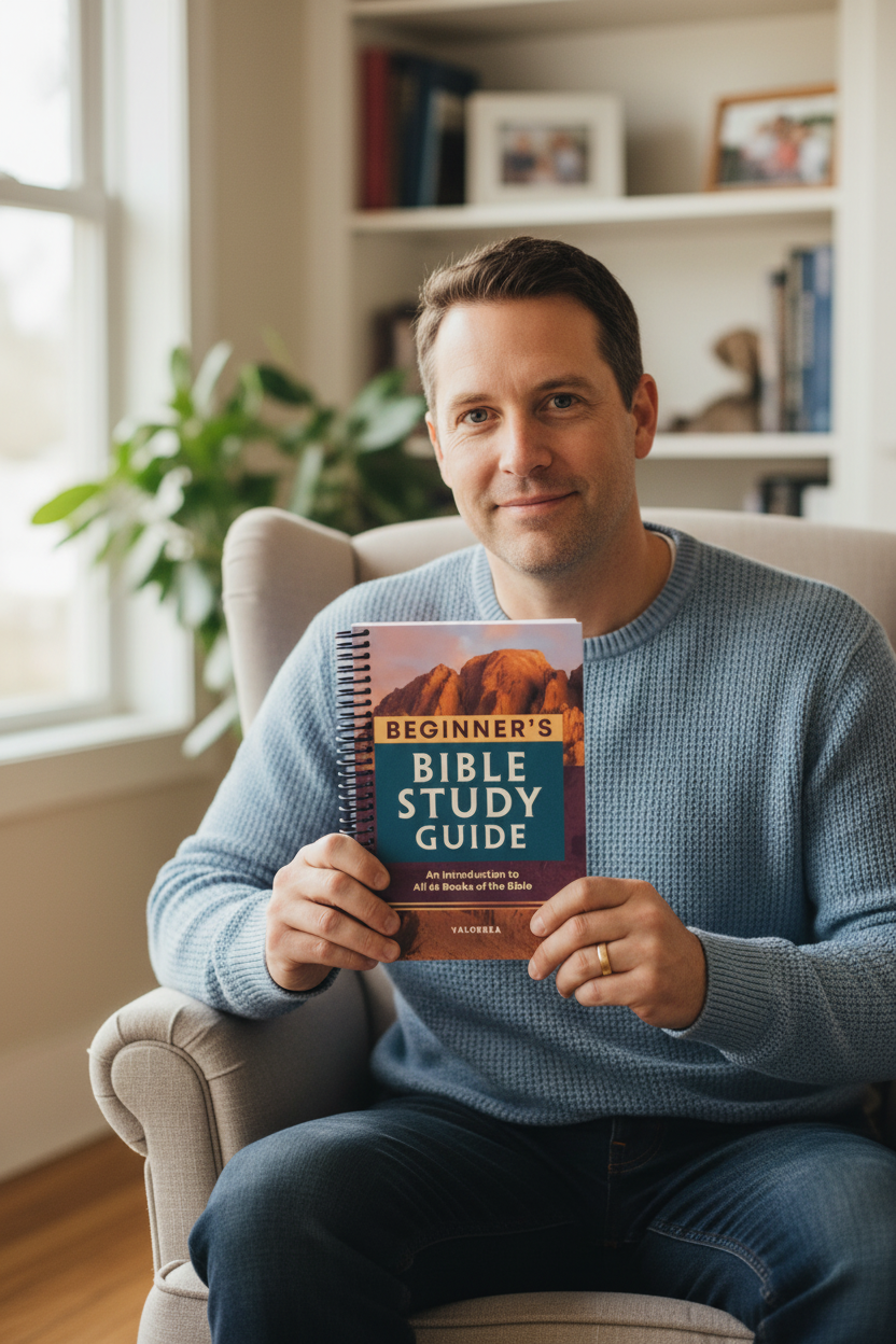 Person holding a Beginner's Bible Study Guide in a cozy room.