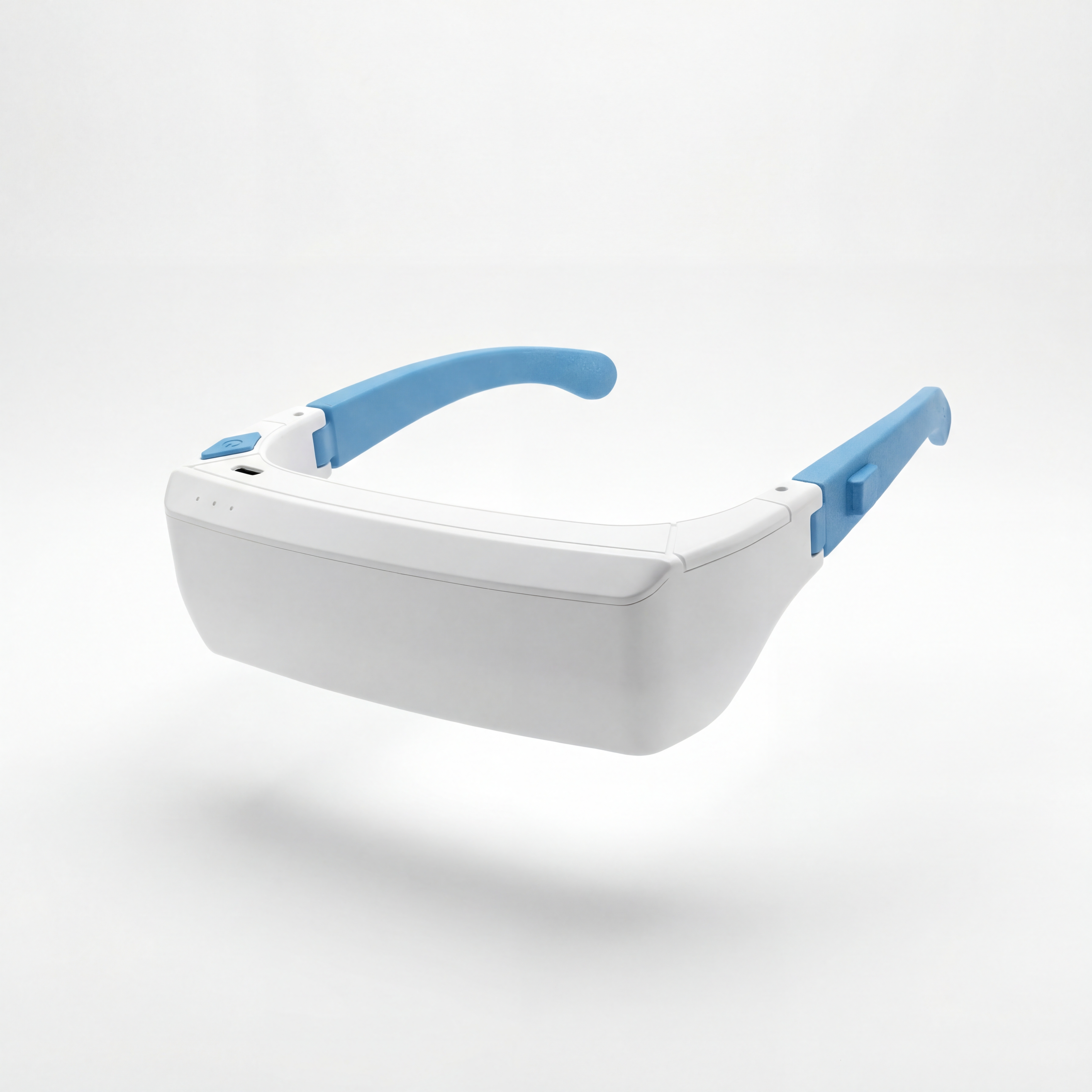 A white and light blue electronic headset floating against a plain white background.