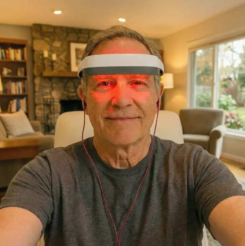 A man wears a headset that shines a red light over his eyes and listens with earbuds.