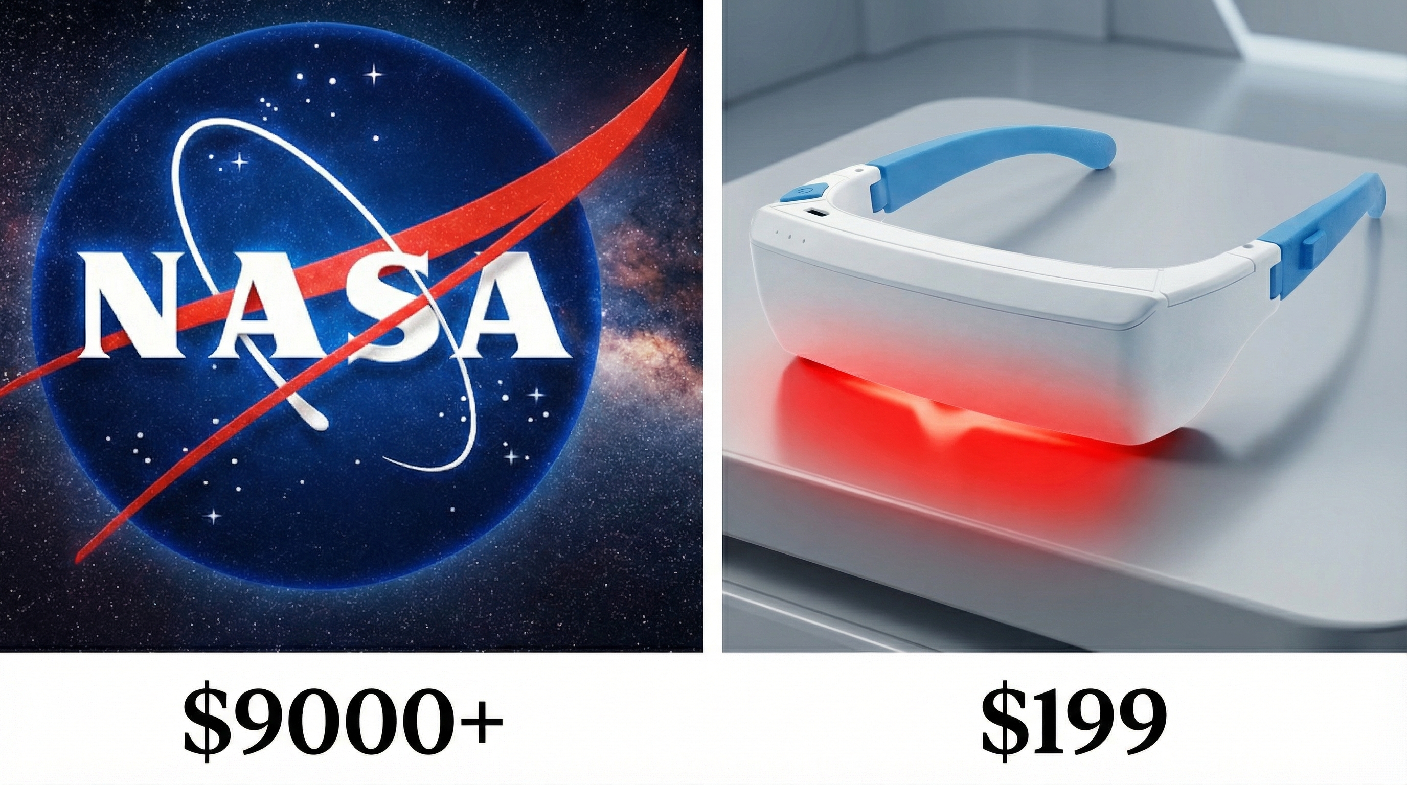 A split image comparing the NASA logo with a price of $9000+ to electronic glasses priced at $199.