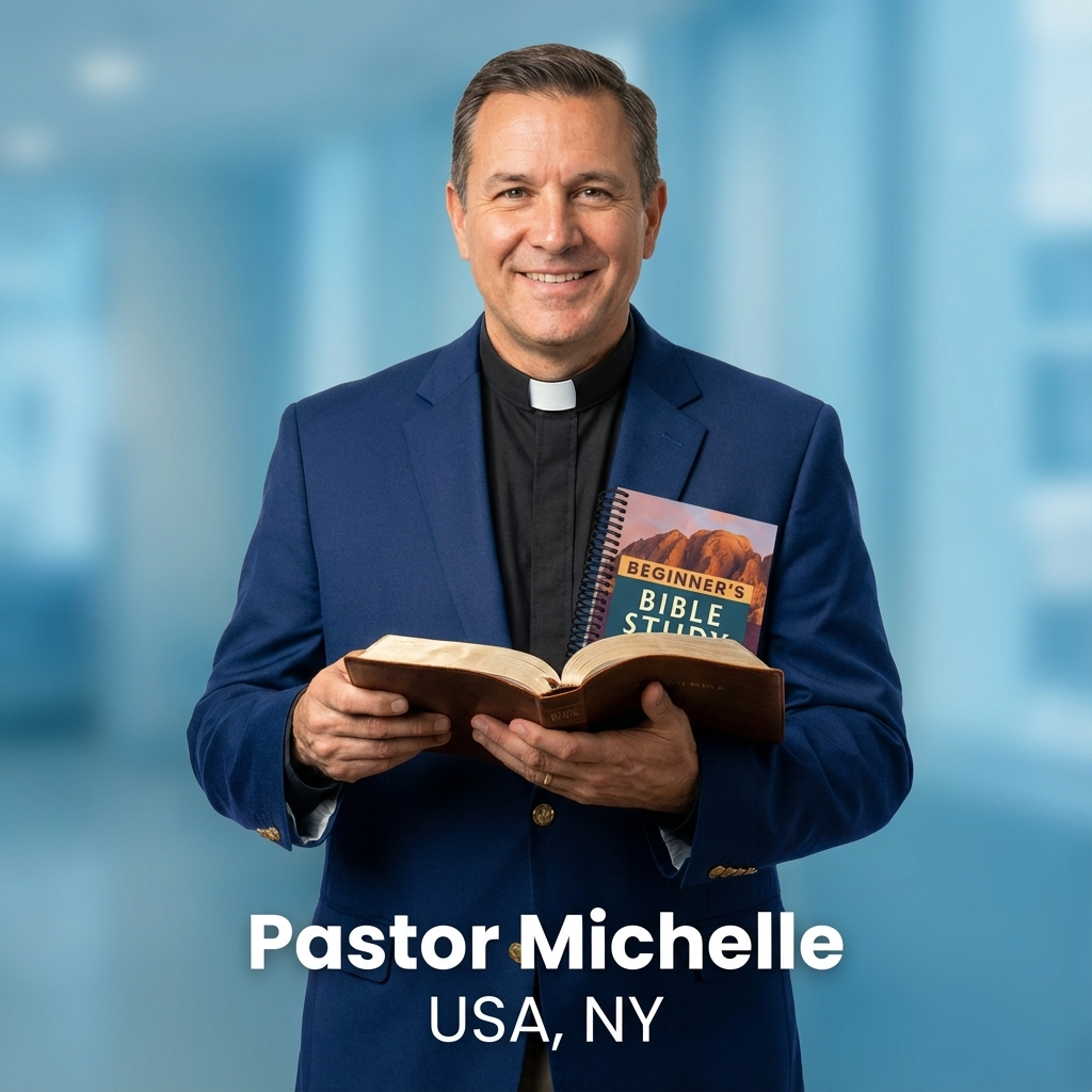 Person in clerical attire holding a Bible and a study guide.