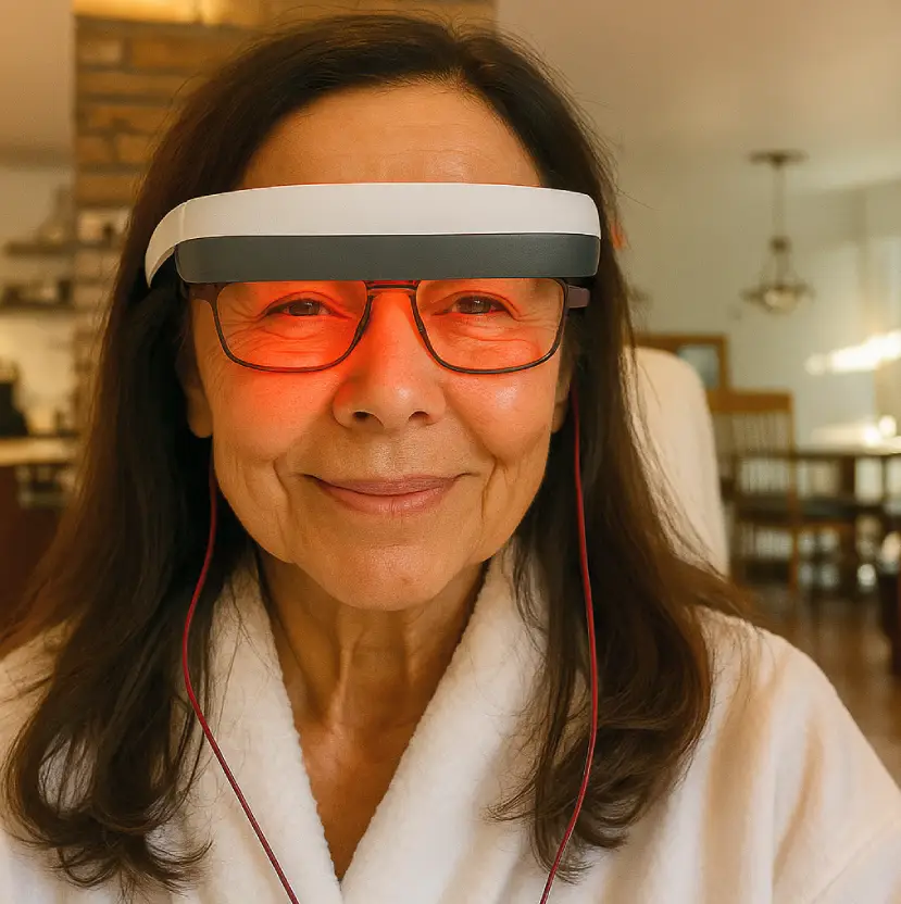 A smiling woman in a robe wears a headset and glasses that are emitting a red light.