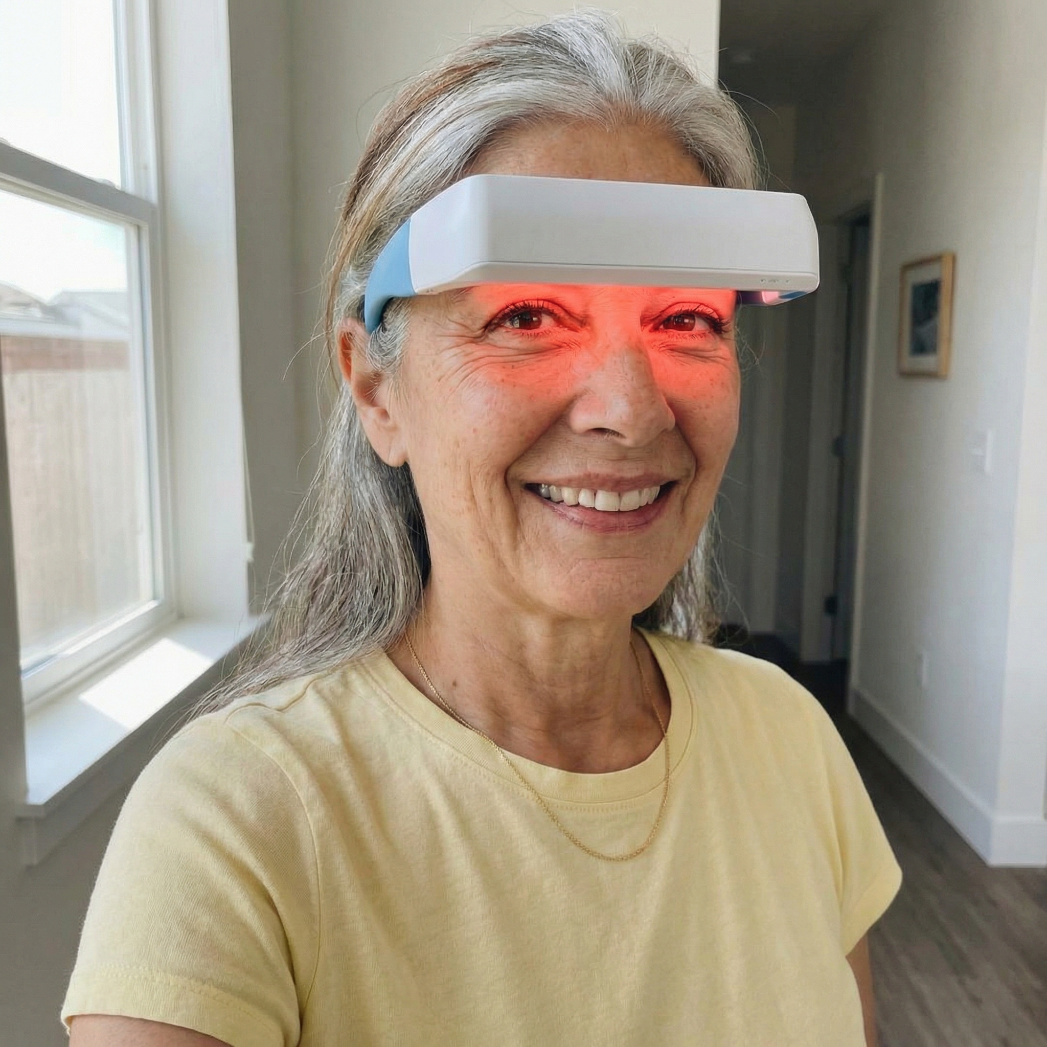 A smiling woman with gray hair wearing a white and blue red light therapy device over her eyes.