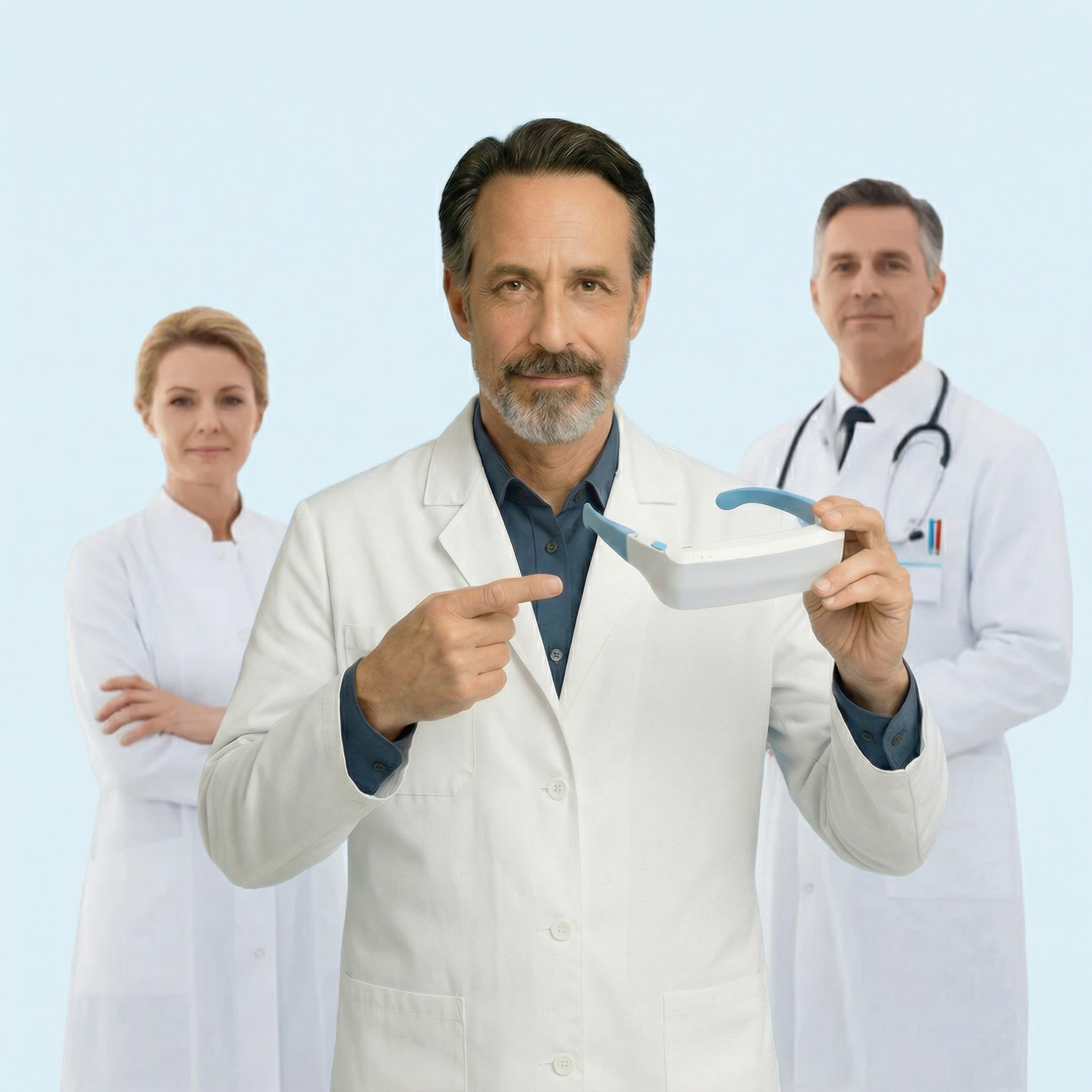 A male doctor in a white coat points to a medical device, with two other doctors behind him.