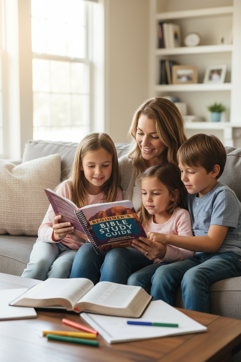 Family reading a Bible study guide together on a couch.