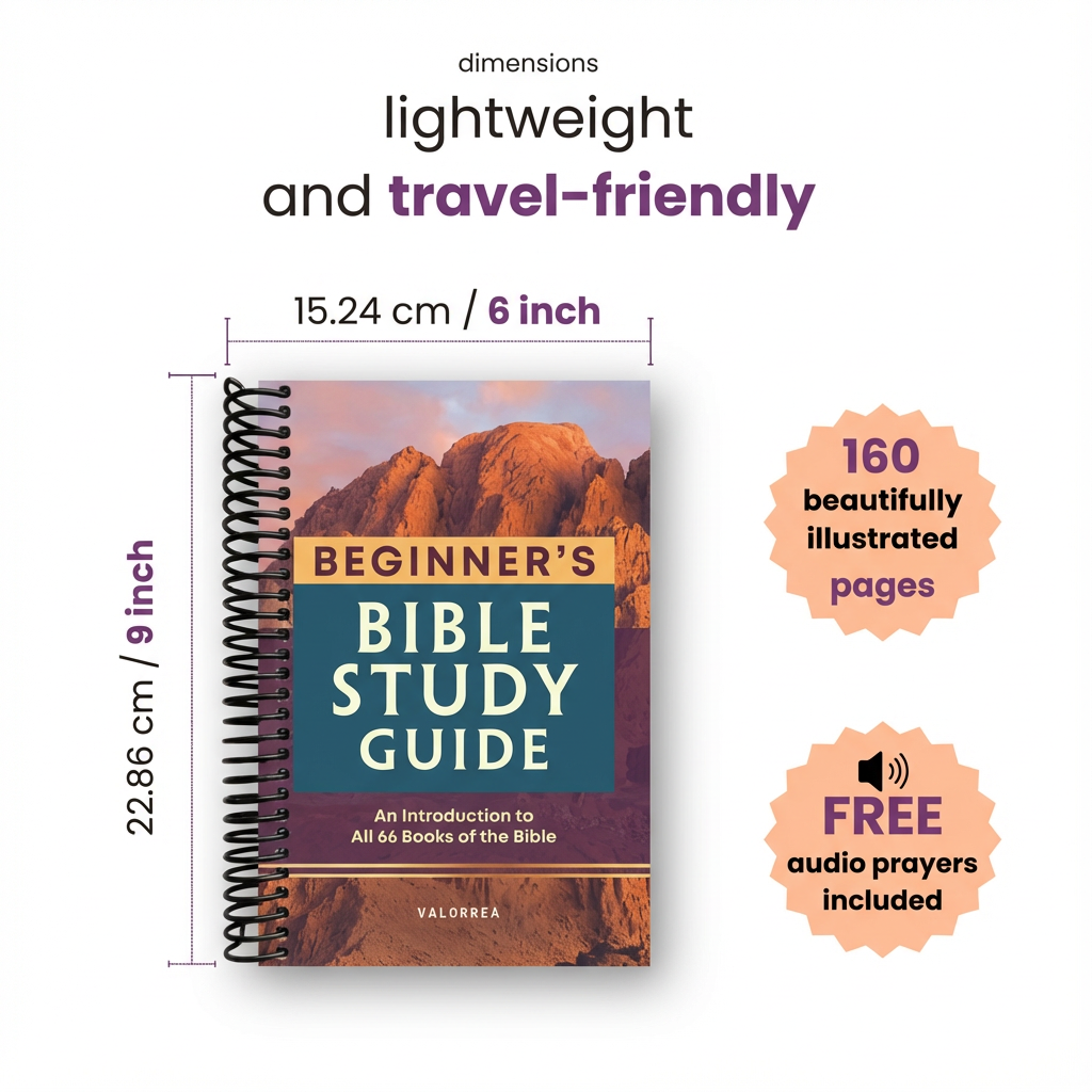 Beginner's Bible Study Guide with dimensions and features highlighted, including free audio prayers.