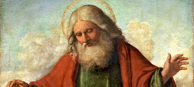 Painting of an elderly man with a halo, wearing a red robe, against a cloudy background.
