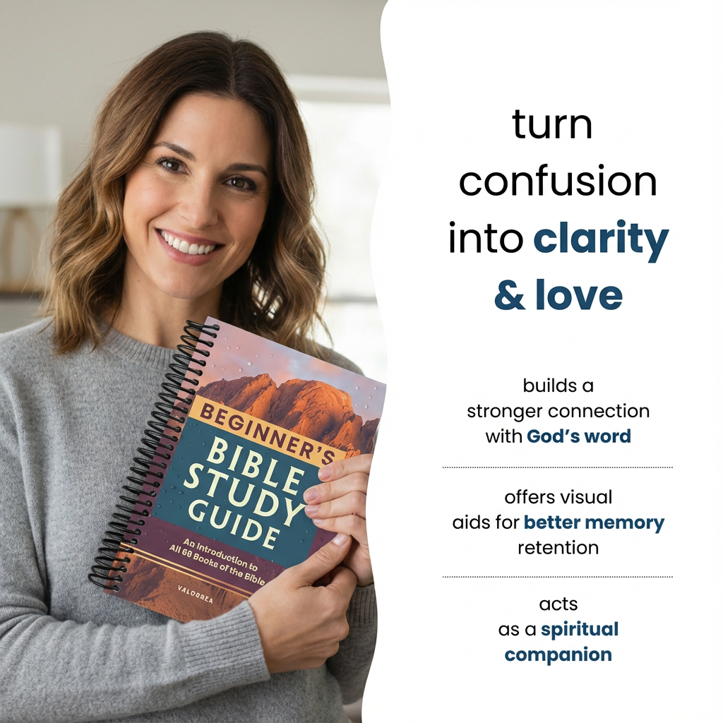Smiling woman holding a Beginner's Bible Study Guide next to motivational text.