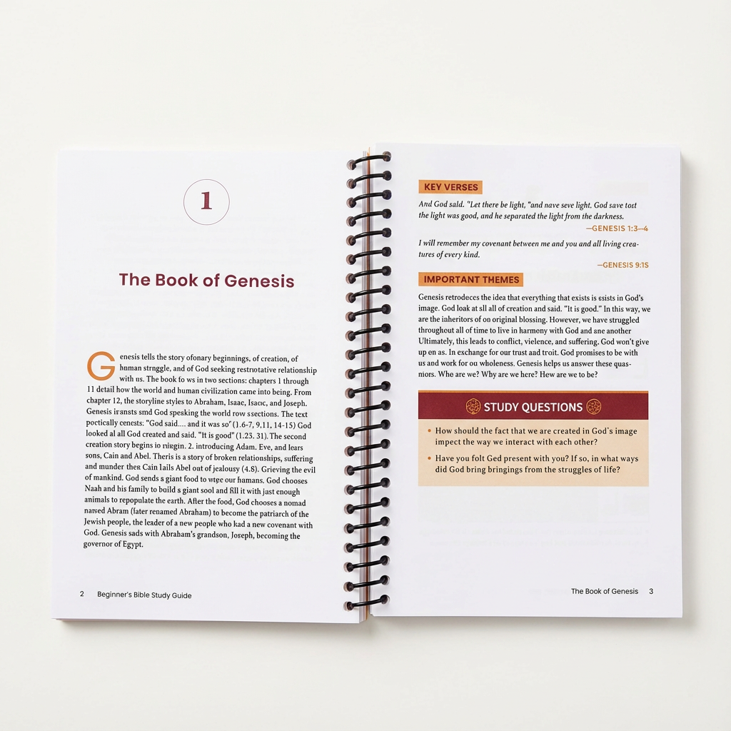 Open book with 'The Book of Genesis' study guide and questions.