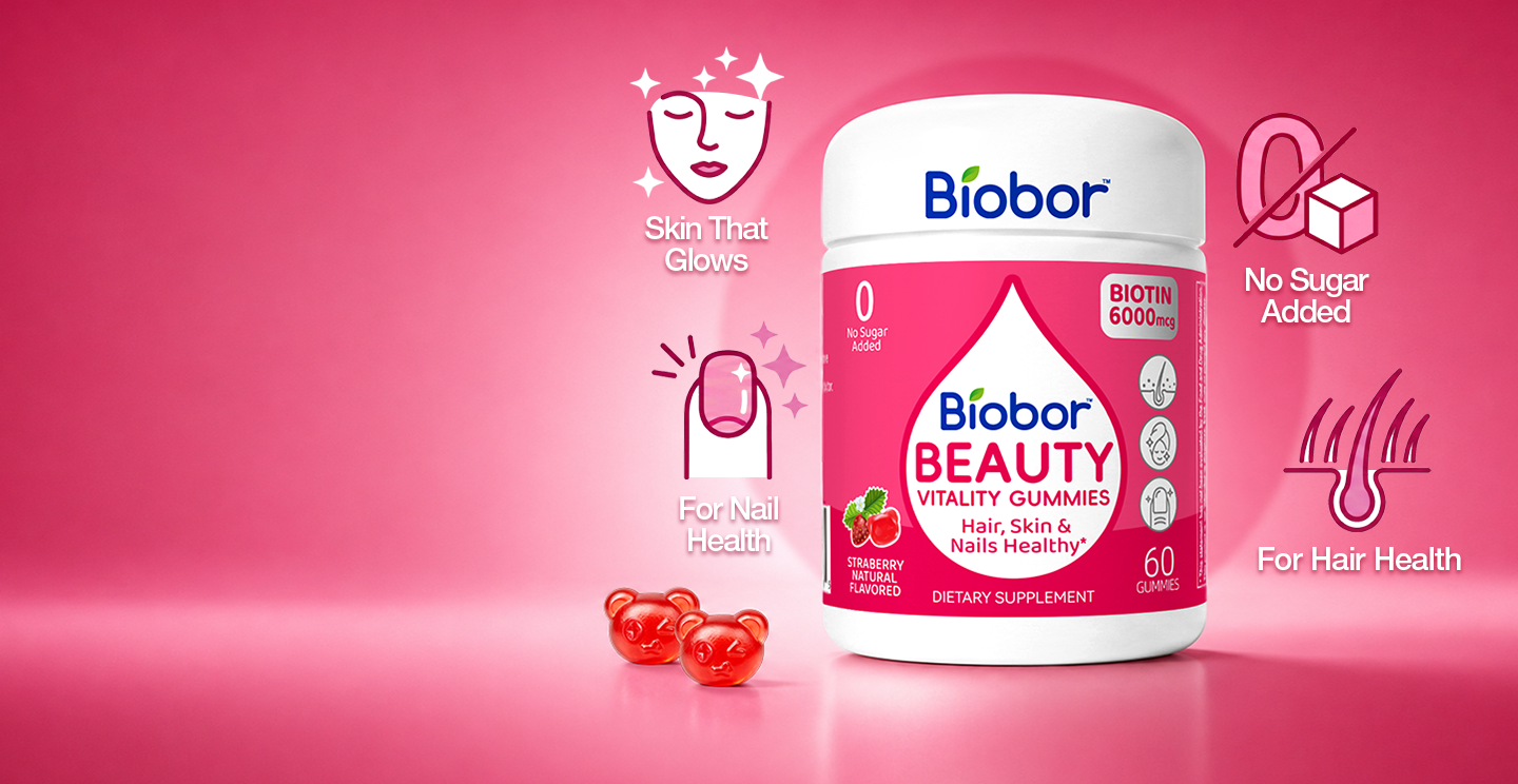 A bottle of Biobor Beauty Vitality Gummies with two red, bear-shaped gummies on a pink background.
