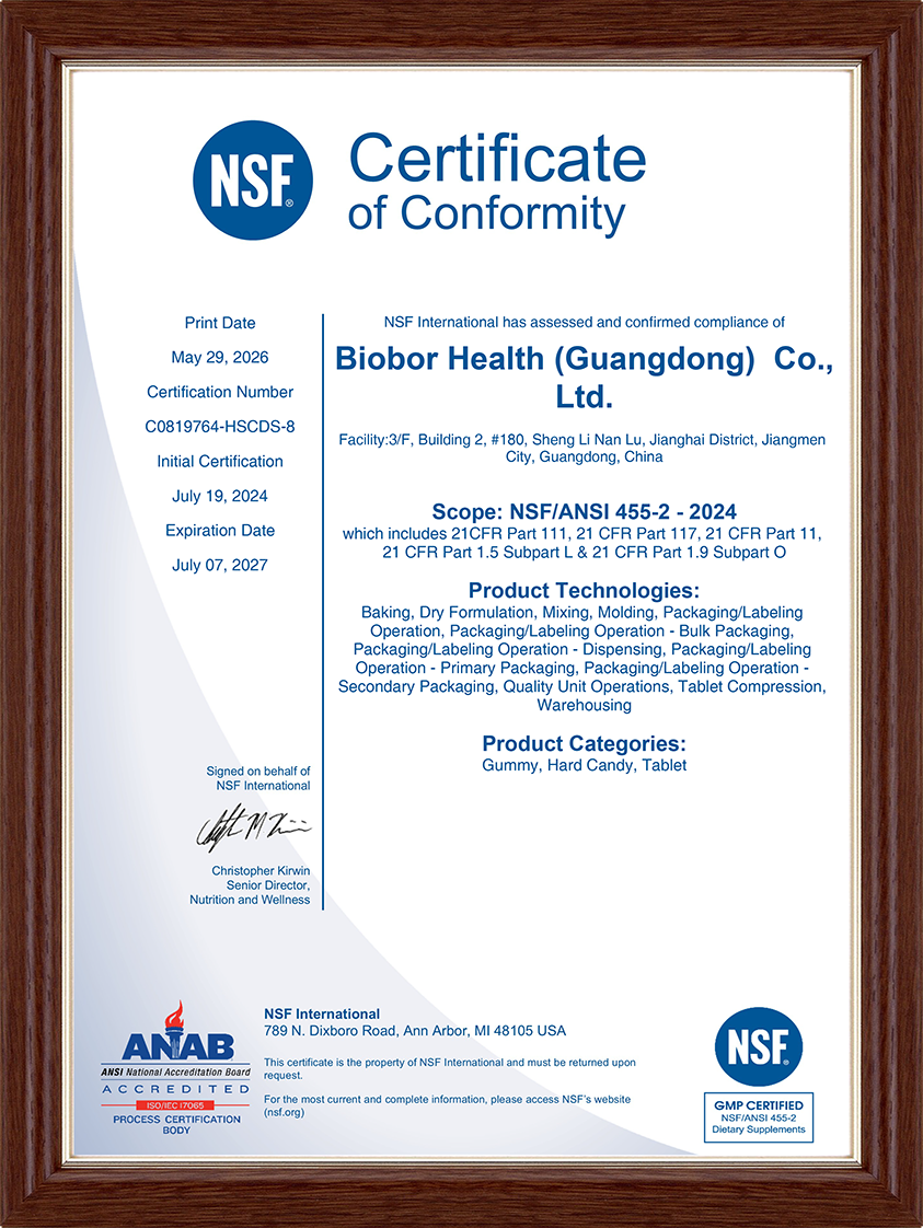 A framed Certificate of Conformance from Eurofins for Biobor Health, meeting SSCI technical benchmarking requirements.