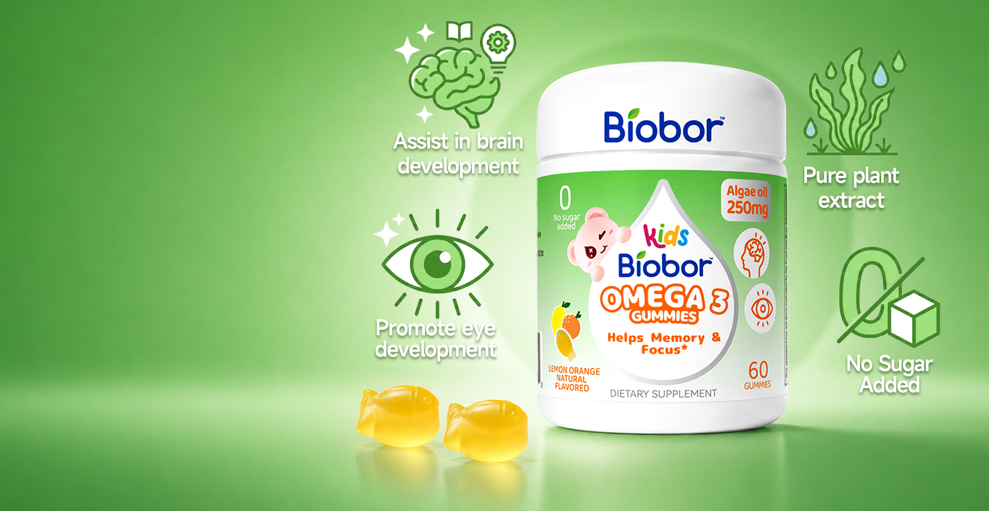 A bottle of Biobor Kids Omega 3 Gummies with two fish-shaped gummies in front of it on a green background.