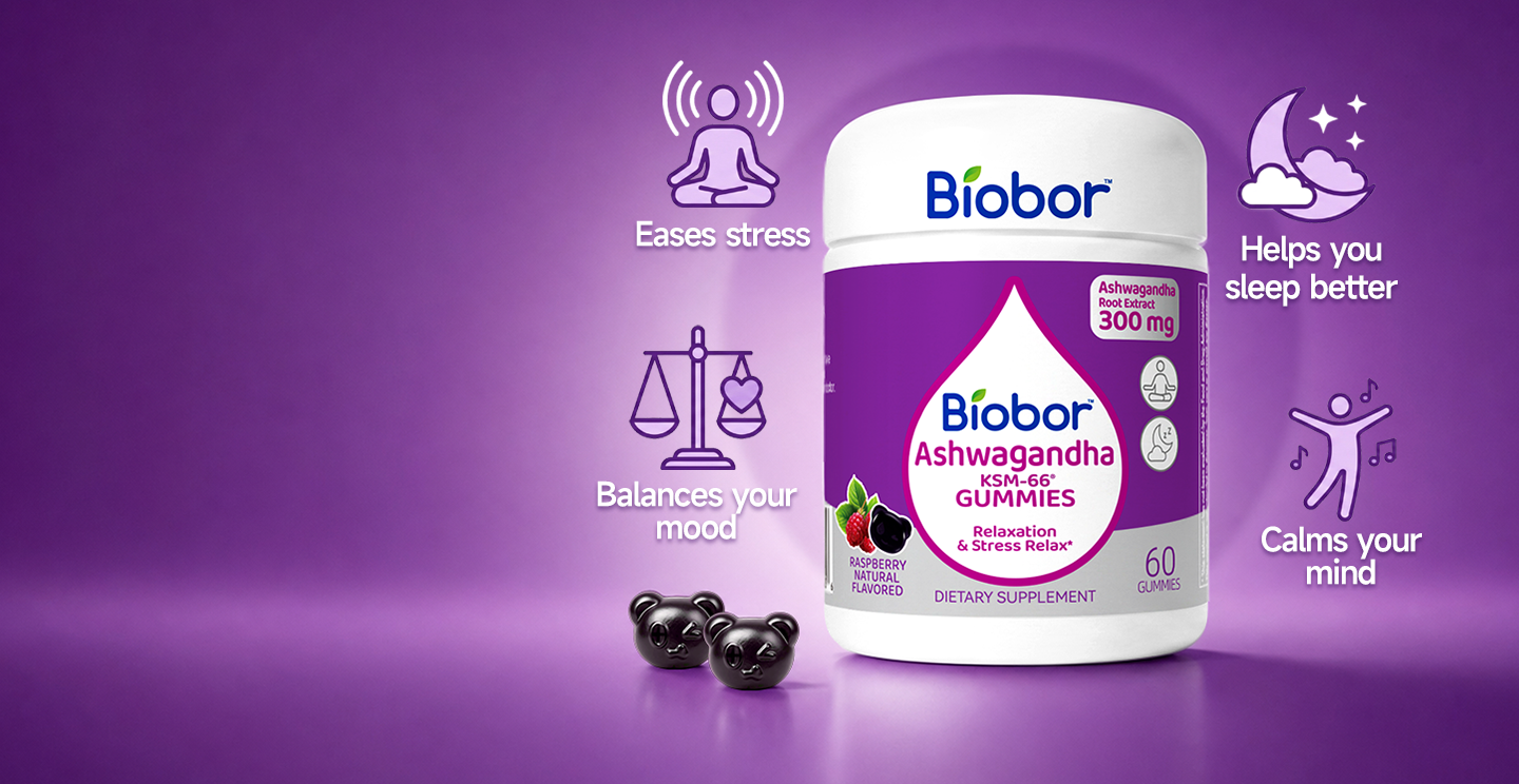 A bottle of Biobor Ashwagandha gummies on a purple background, surrounded by icons describing its benefits.