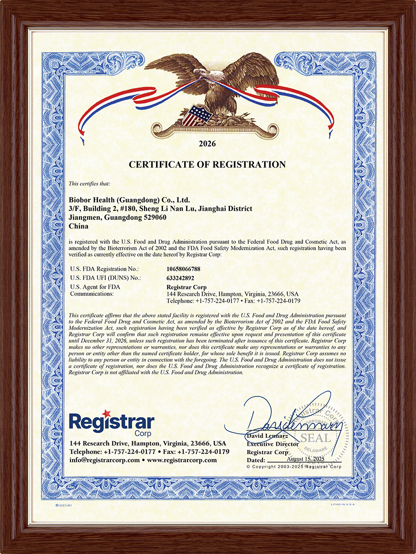 A framed Certificate of Registration for Biobor Health (Guangdong) Co., Ltd. from Registrar Corp.