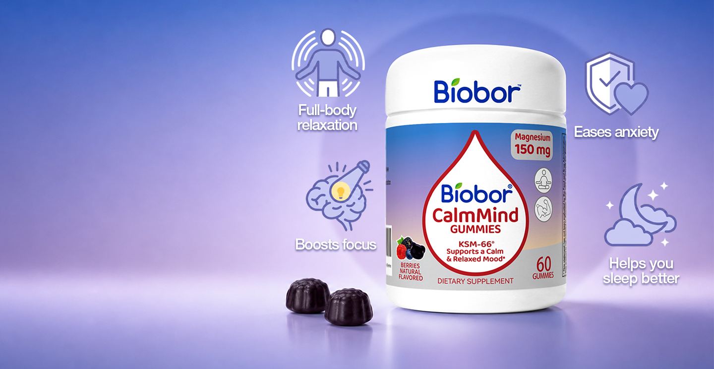 A bottle of Biobor CalmMind Gummies with icons describing benefits like relaxation, focus, and better sleep.