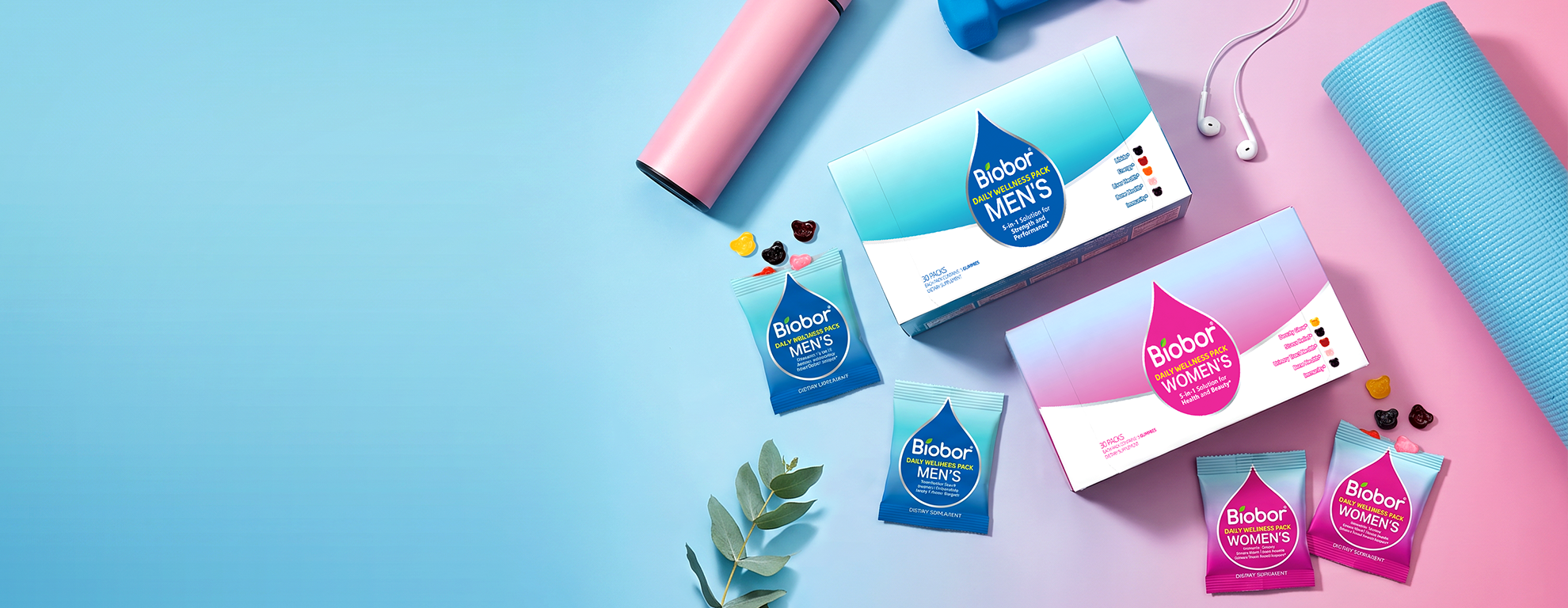 Biobor Men's and Women's wellness supplement packs displayed with gummies, a yoga mat, and a water bottle.