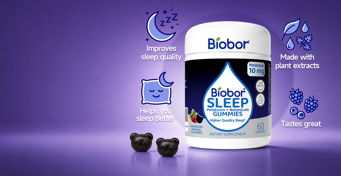 An advertisement for Biobor Sleep gummies showing the bottle, two gummies, and icons describing the product benefits.