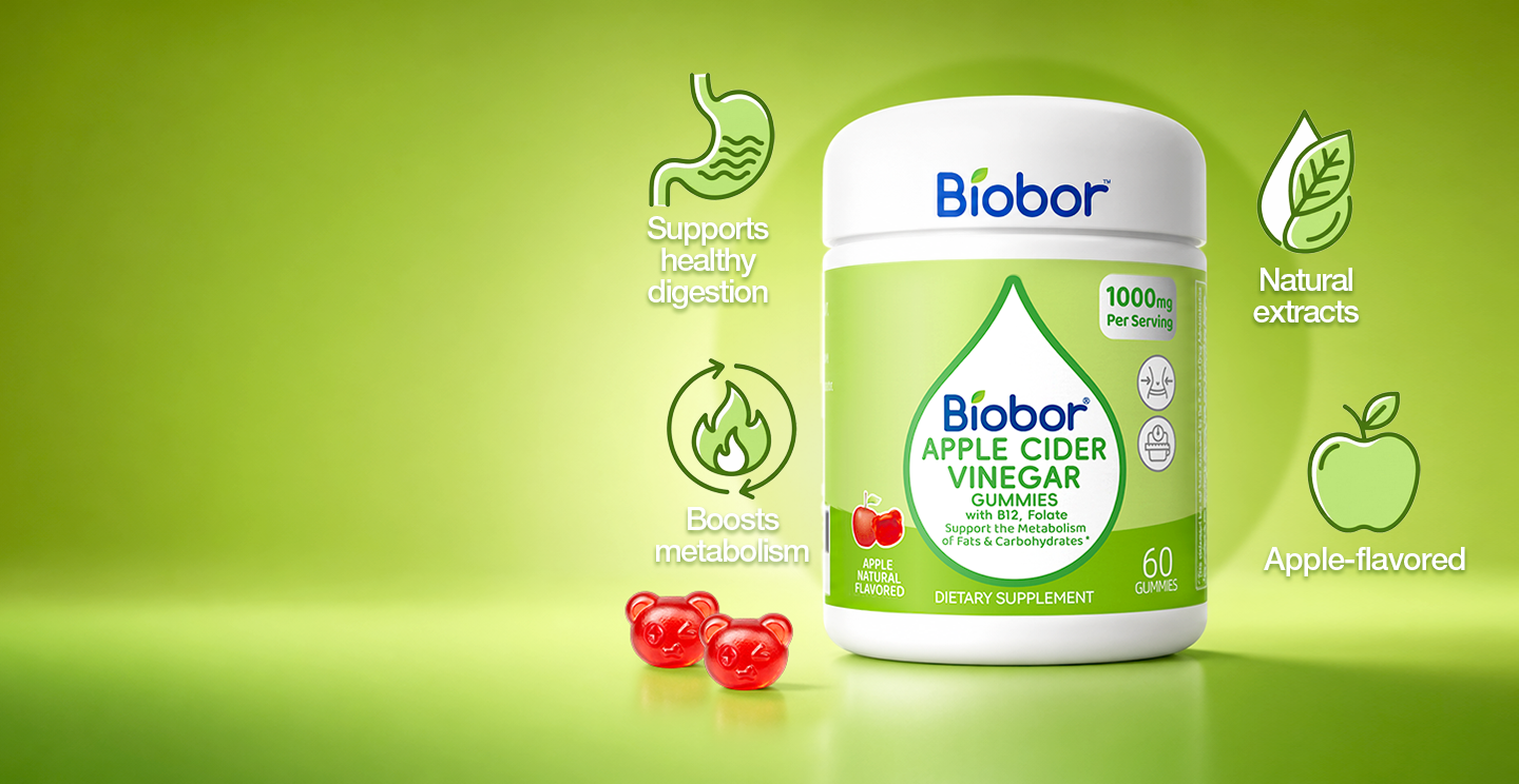 A bottle of Biobor Apple Cider Vinegar Gummies with two red, bear-shaped gummies on a green background.