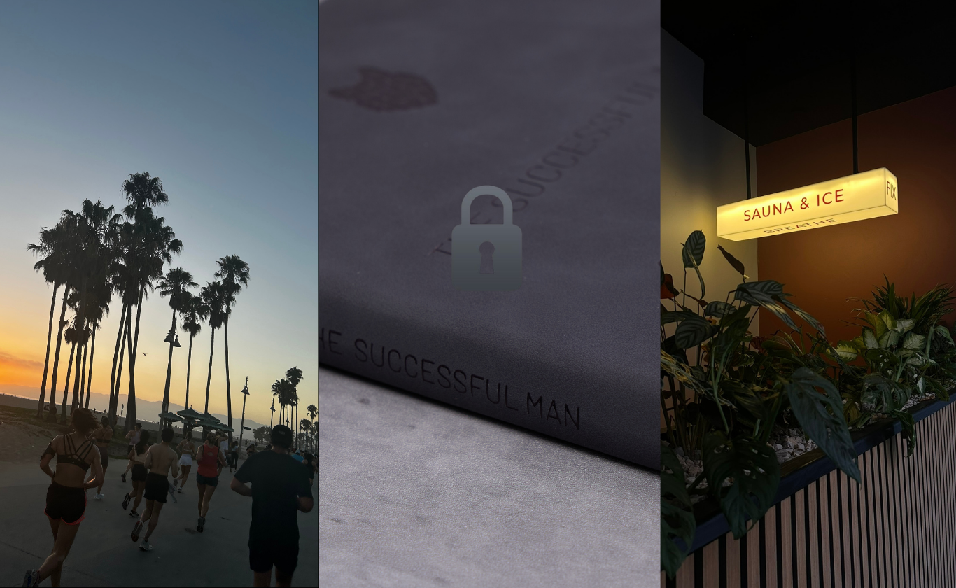 A triptych showing people jogging at sunset, a book with a lock icon, and a 'Sauna & Ice' sign.