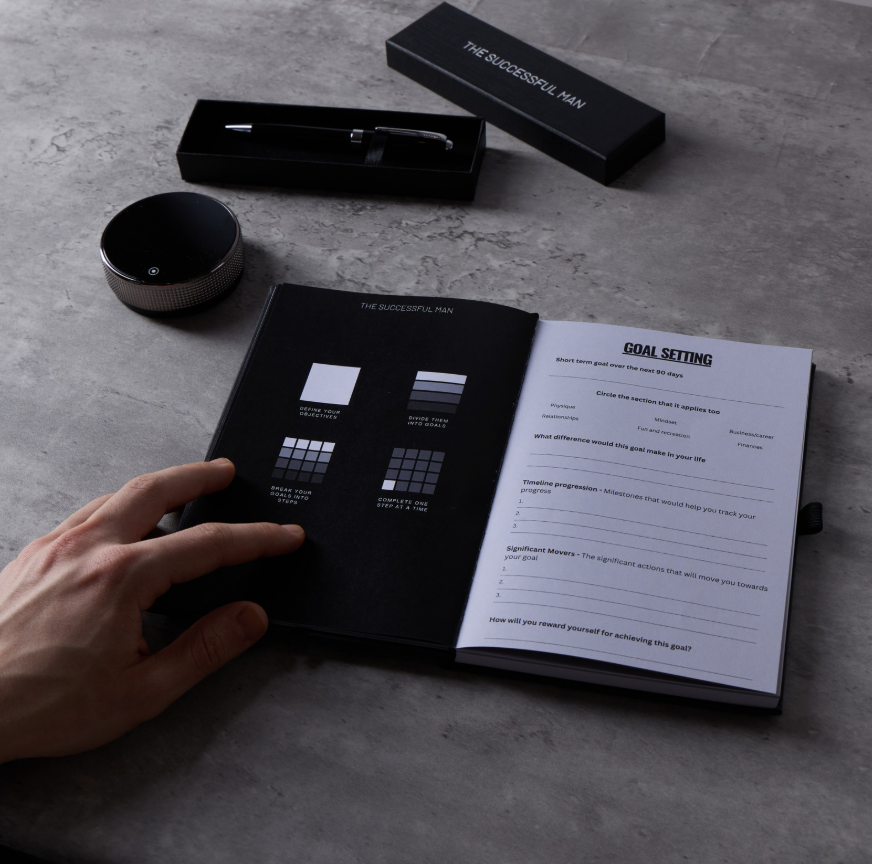 A hand holds open a goal-setting notebook titled 'The Successful Man' on a grey surface with a pen.