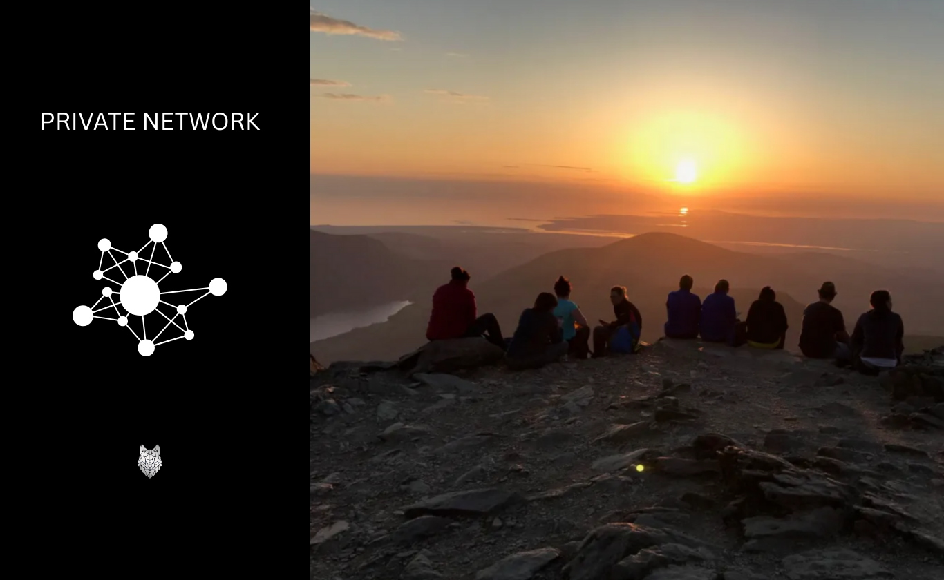 A group of people on a mountain watch the sunset next to a 'Private Network' branding panel.