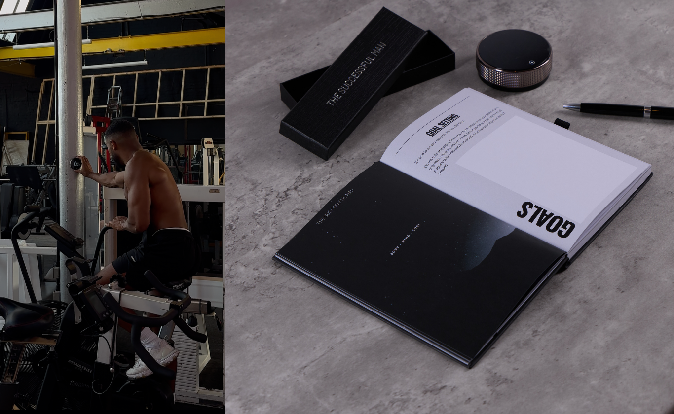 A split image showing a man working out and a goal-setting notebook titled 'The Successful Man'.