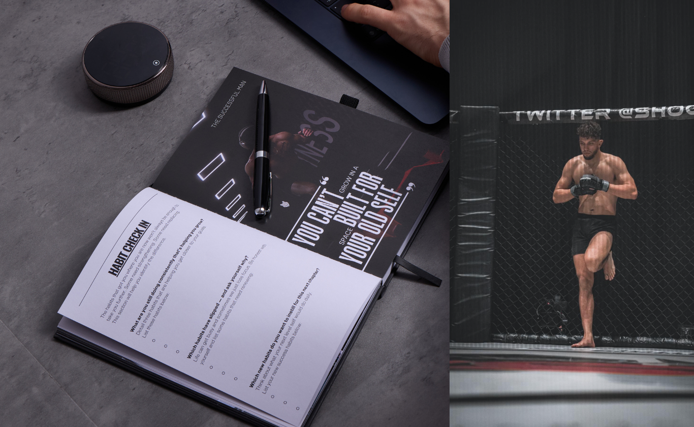 A split image showing a motivational journal on a desk and a male fighter inside a fighting cage.
