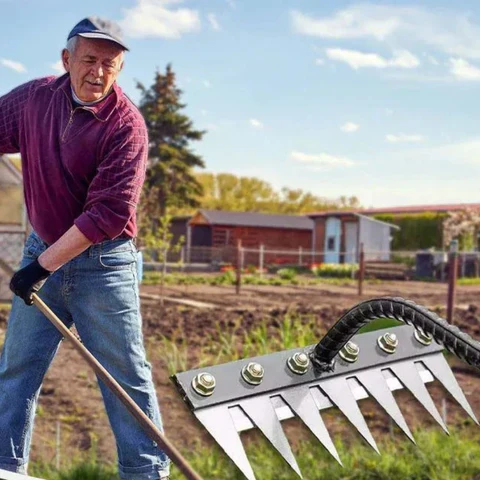 Man gardening with a rake in a rural setting, with a close-up of rake teeth.