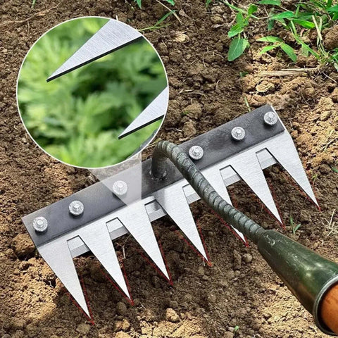 Metal garden tool with sharp blades on soil, close-up inset of blade tips.