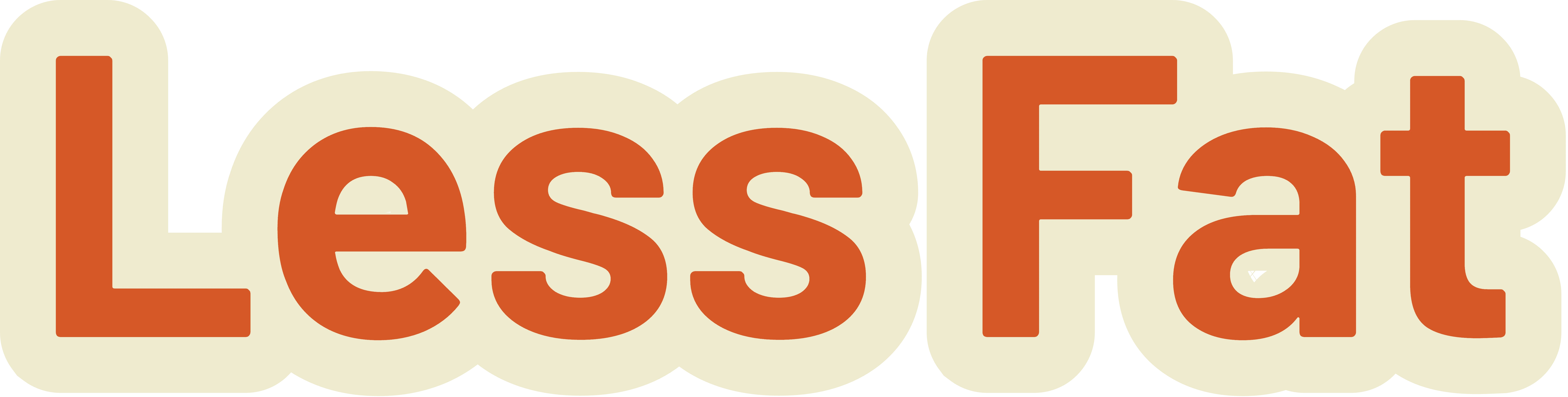 The words 'Less Fat' in bold, orange font with a thick, pale yellow, cloud-like border.