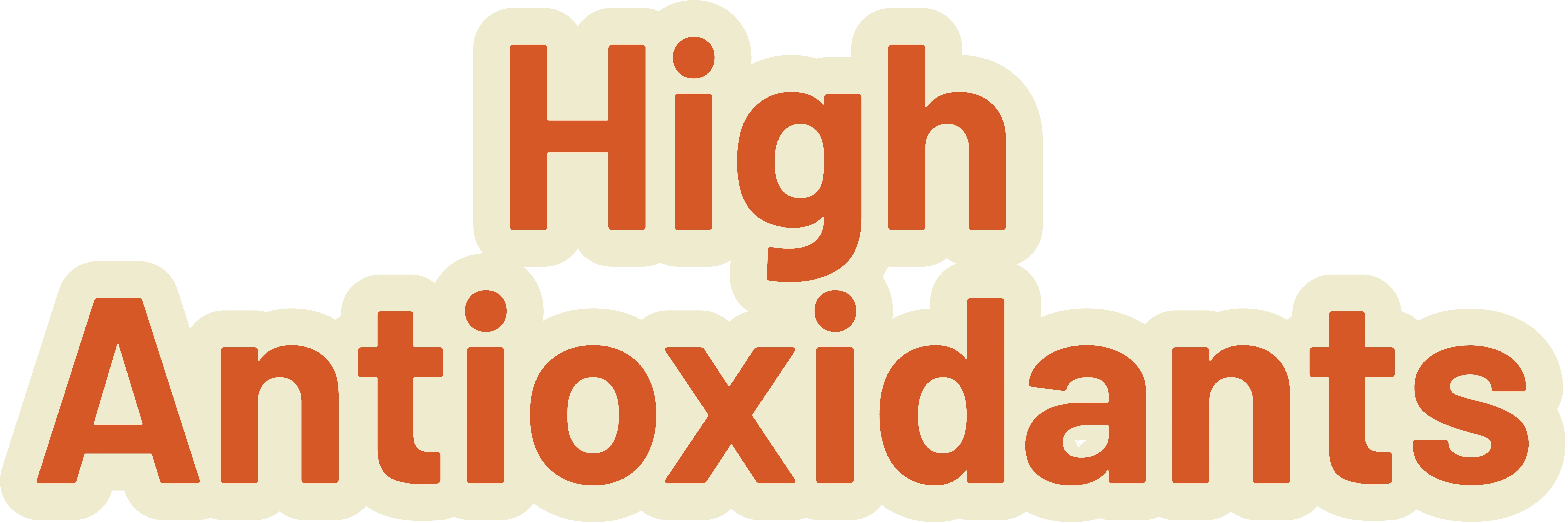The words 'High Antioxidants' in an orange, stylized font with a cream-colored, bubbly outline on a transparent background.
