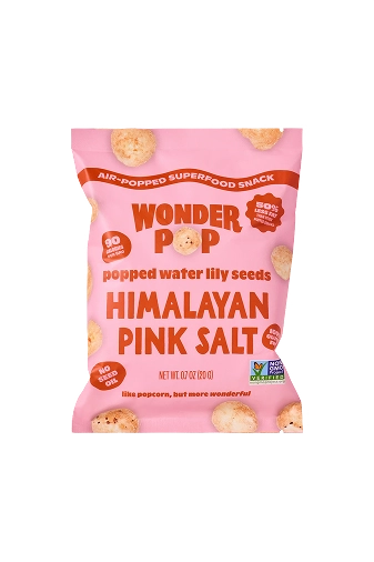 A bag of Wonder Pop popped water lily seeds, himalayan pink salt flavor