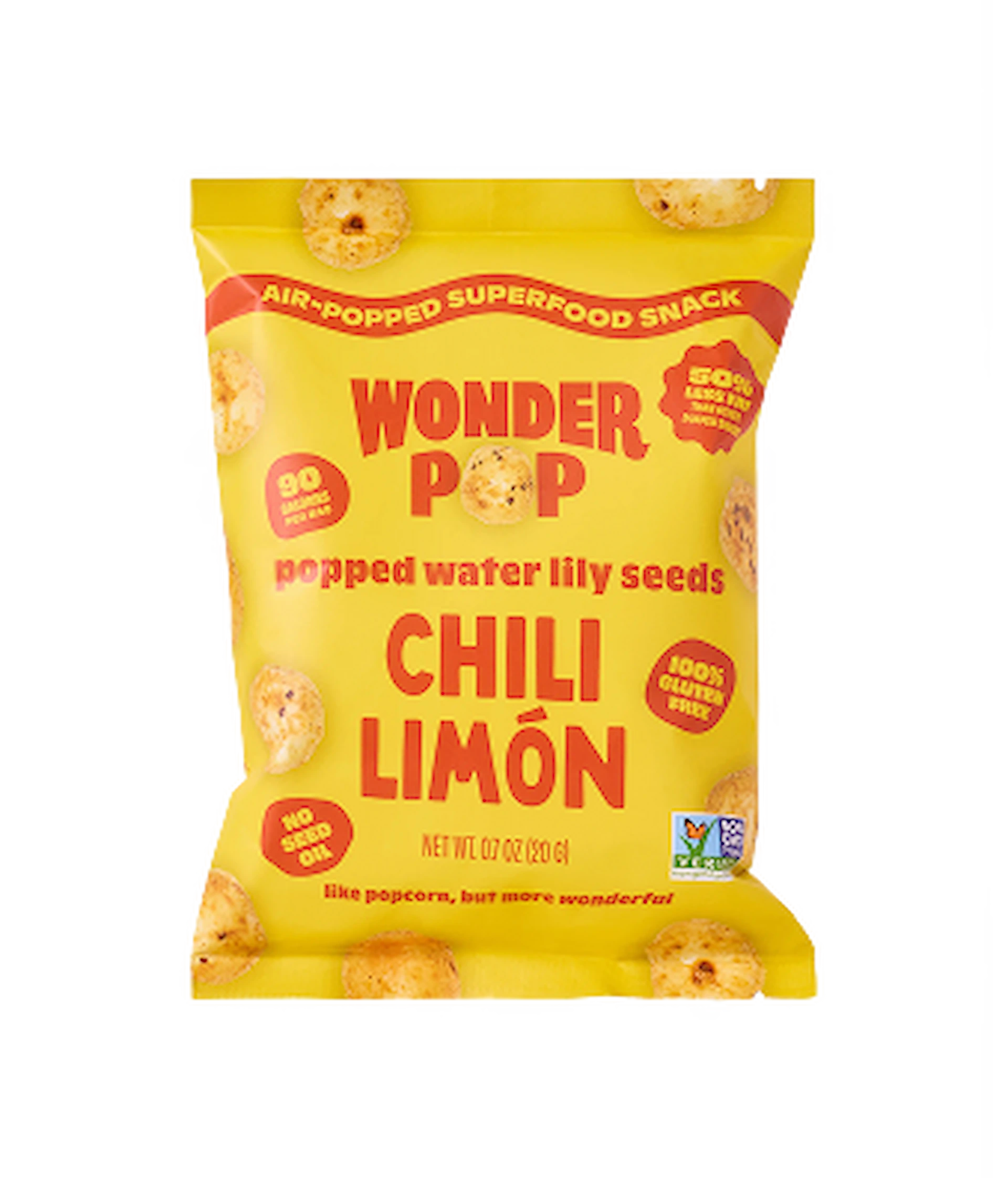 A bag of Wonder Pop popped water lily seeds, chili limón salt flavor