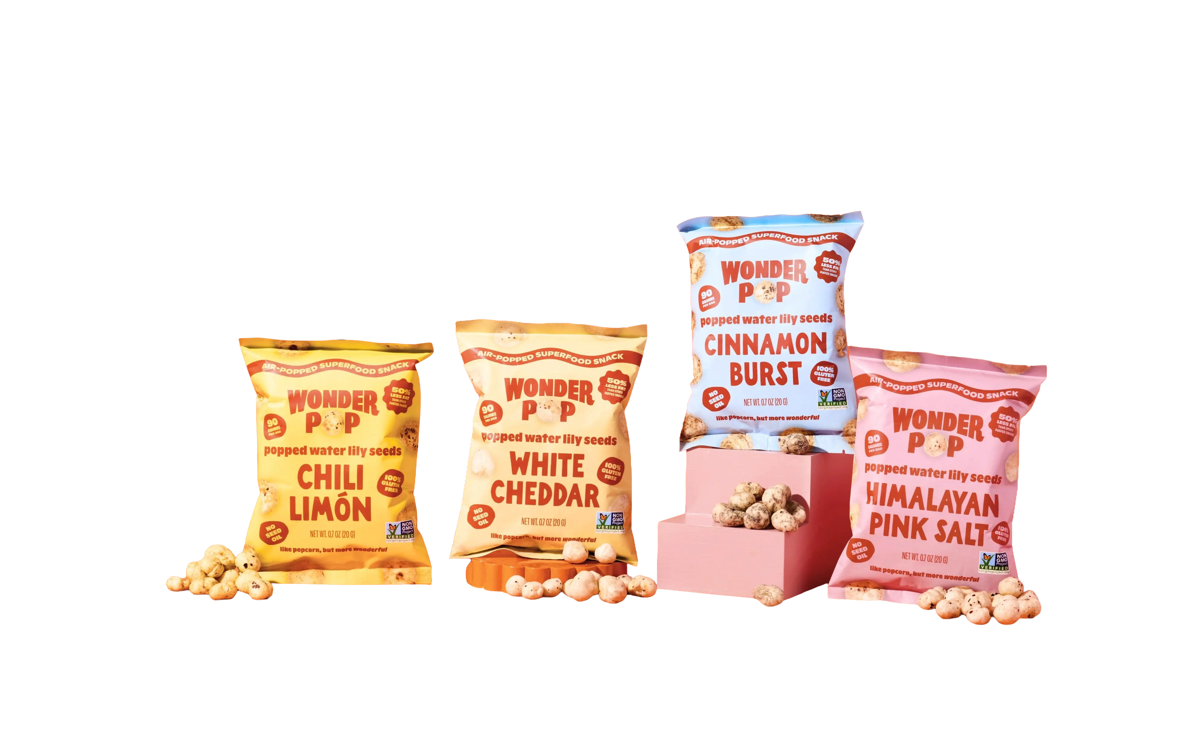WonderPop popped water lily seed snacks in four flavors, displayed on pink stands