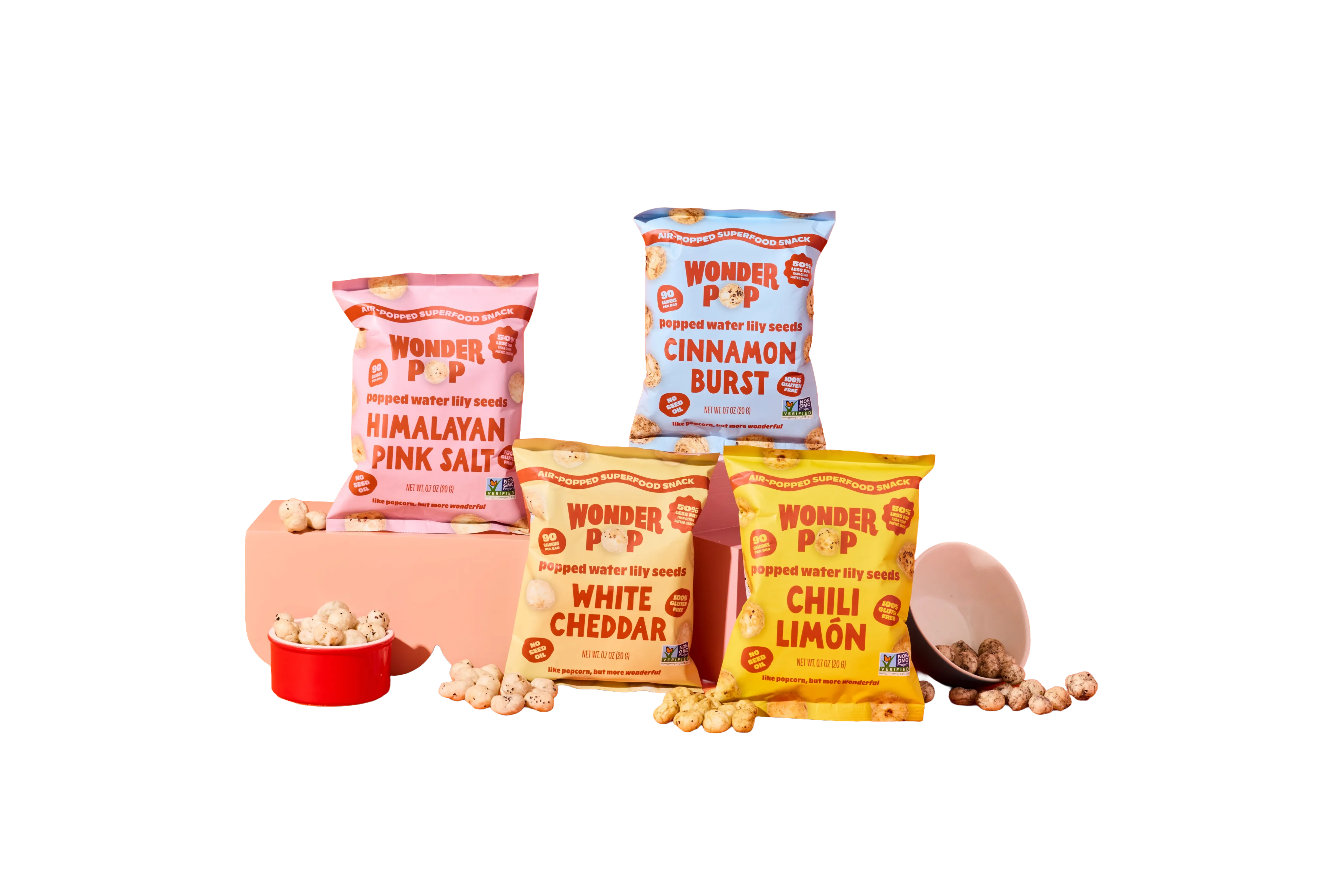 WonderPop popped water lily seed snacks — four flavors on orange background