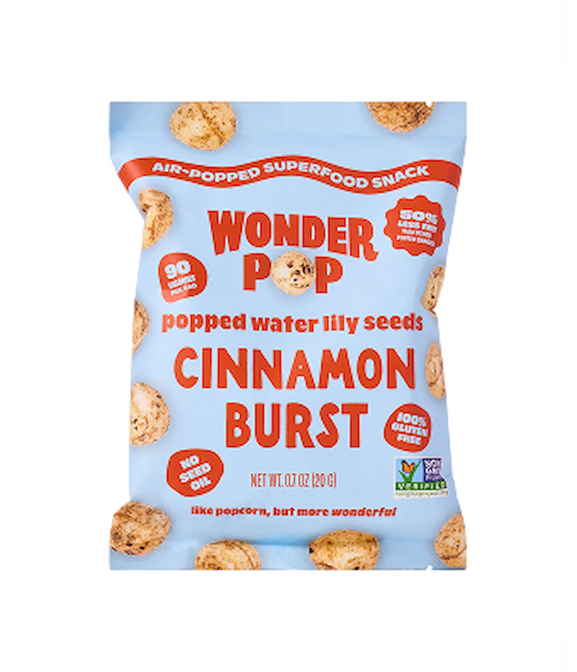 A light blue bag of Wonder Pop Cinnamon Burst popped water lily seeds.