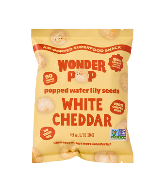 A bag of Wonder Pop popped water lily seeds, white cheddar flavor,