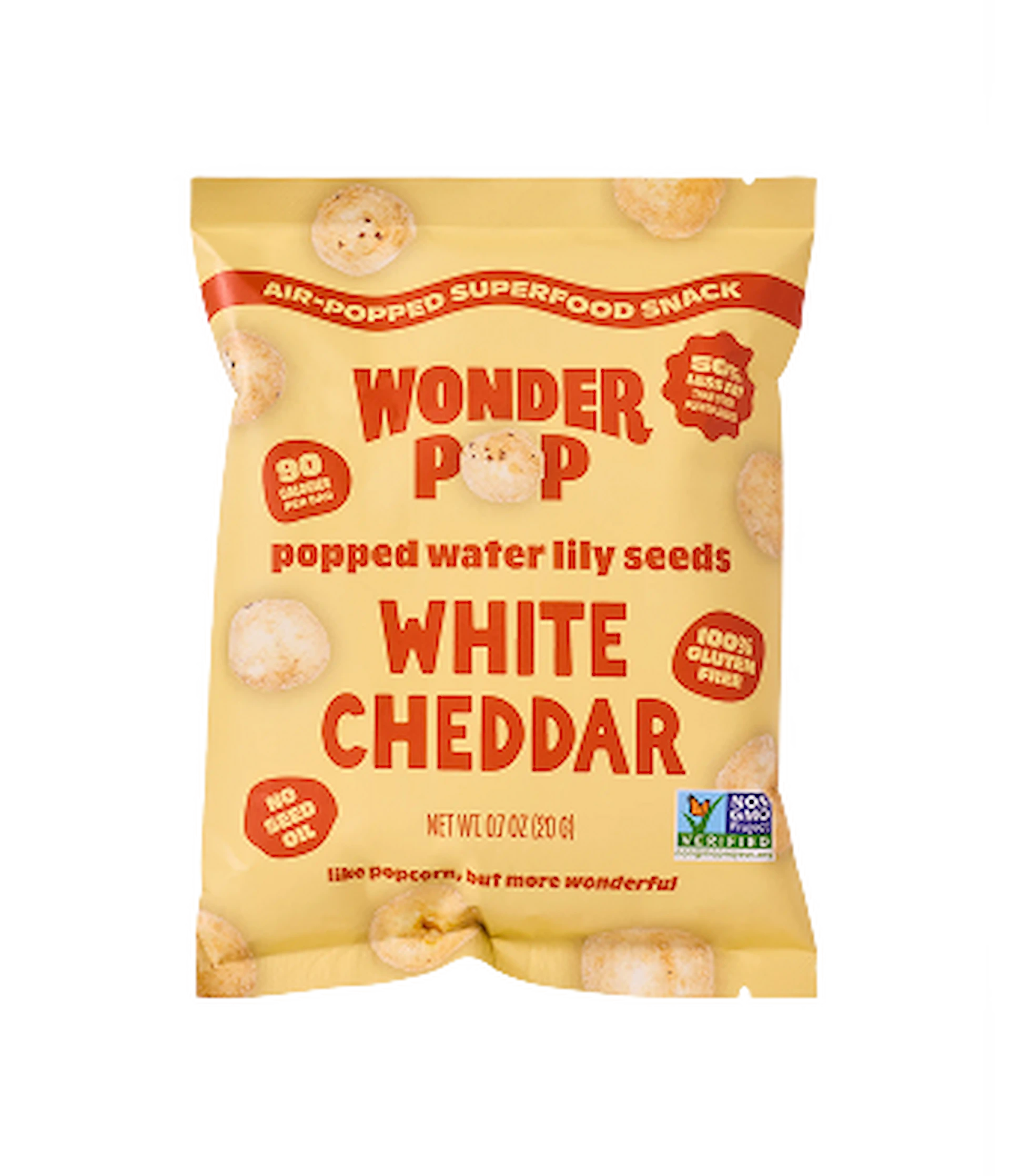 A bag of Wonder Pop popped water lily seeds, white cheddar flavor