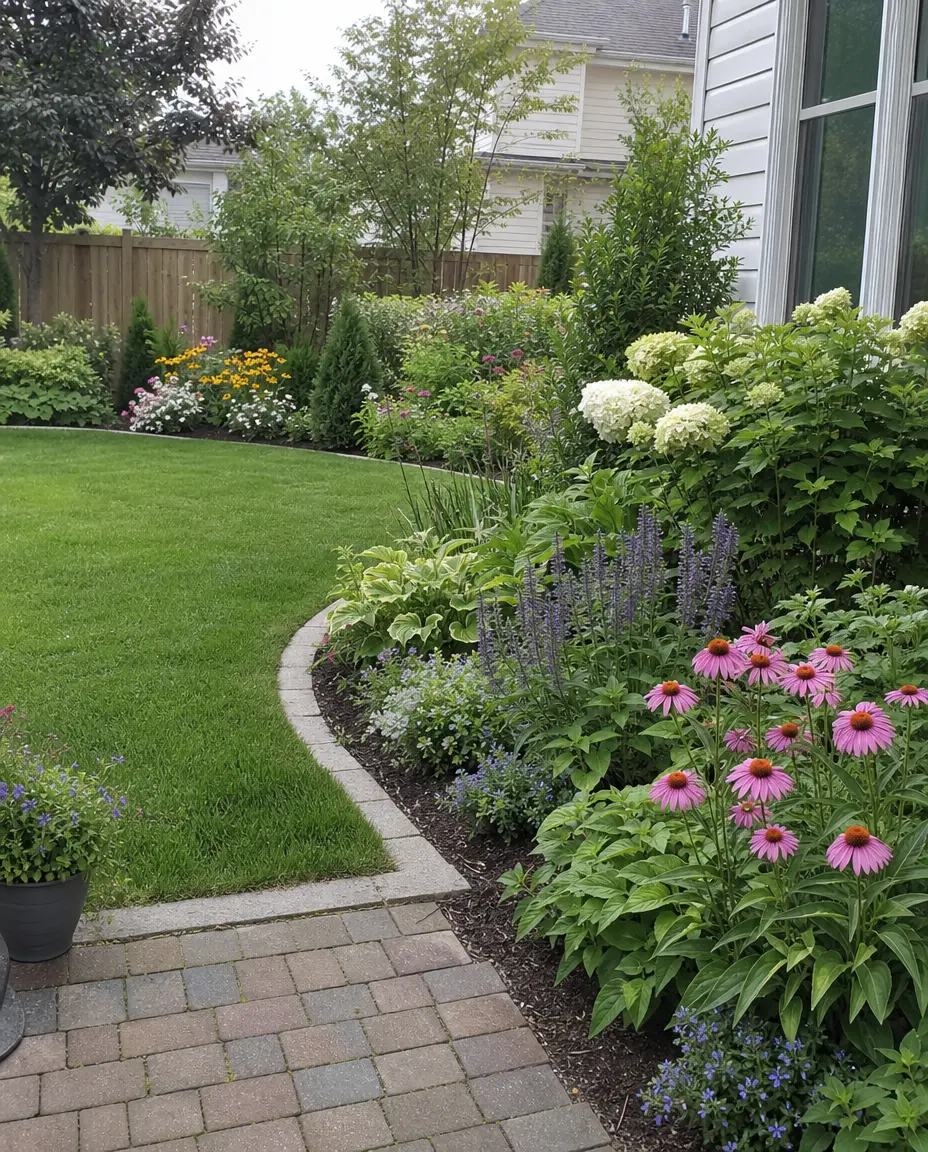 A lush backyard garden with a curved lawn, paver path, and bed full of colorful flowers.