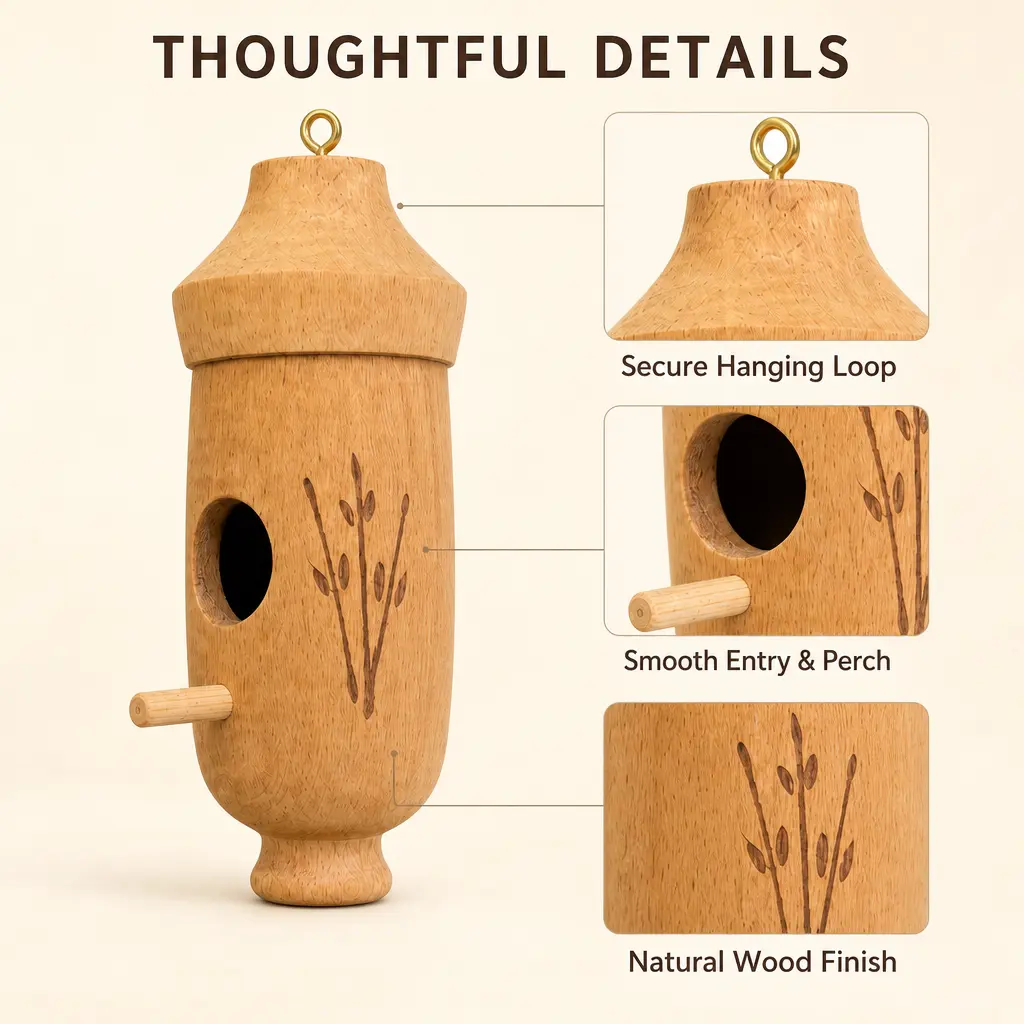 An acorn-shaped wooden birdhouse, with insets showing close-ups of the hanging loop, perch, and wood finish.