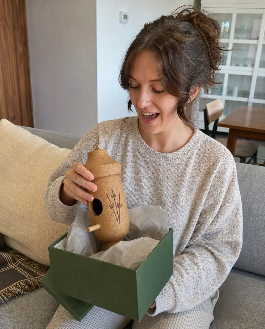 A smiling woman on a couch lifts a small, wooden birdhouse out of a green gift box.