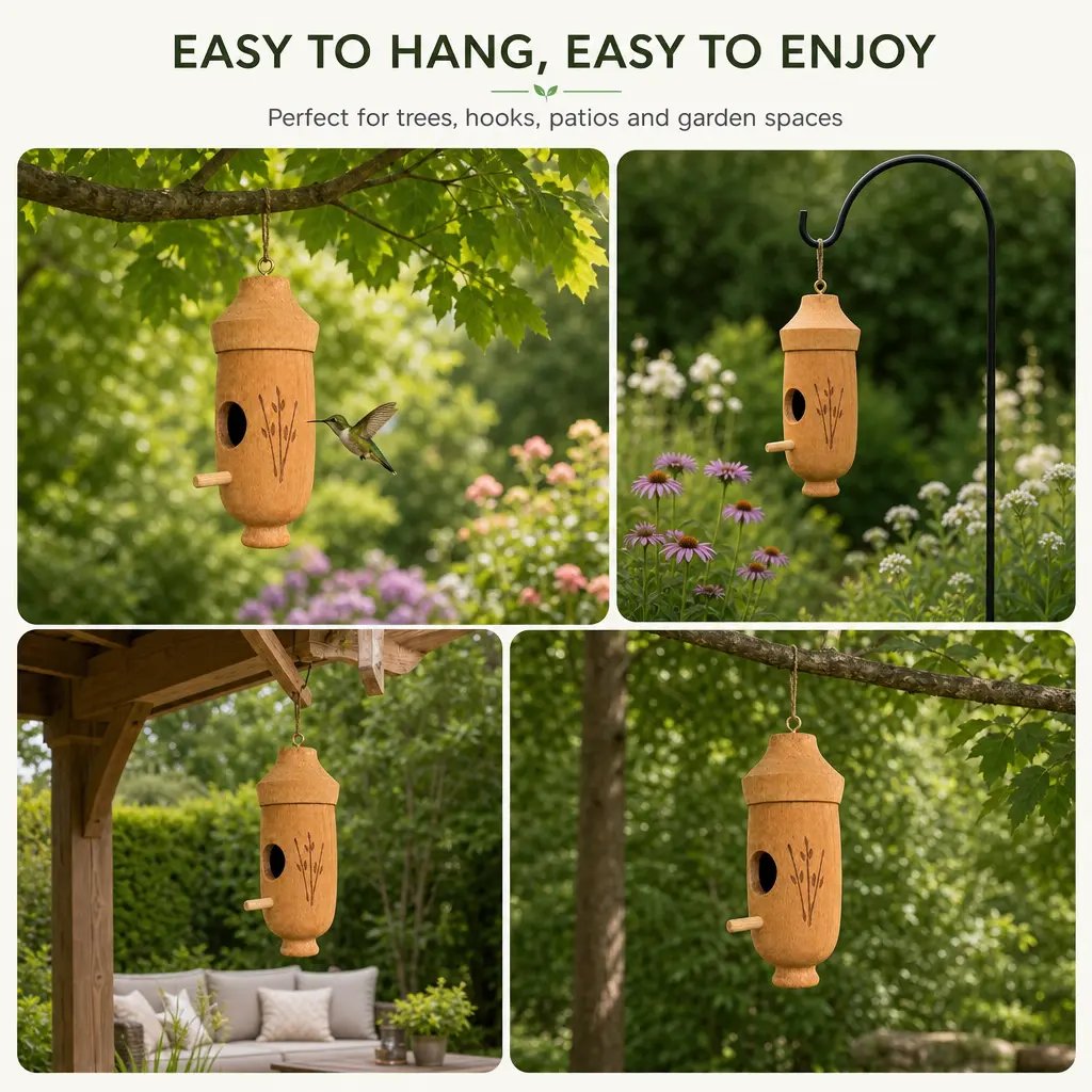 A collage showing a wooden birdhouse hanging from a tree, a hook, and a patio.