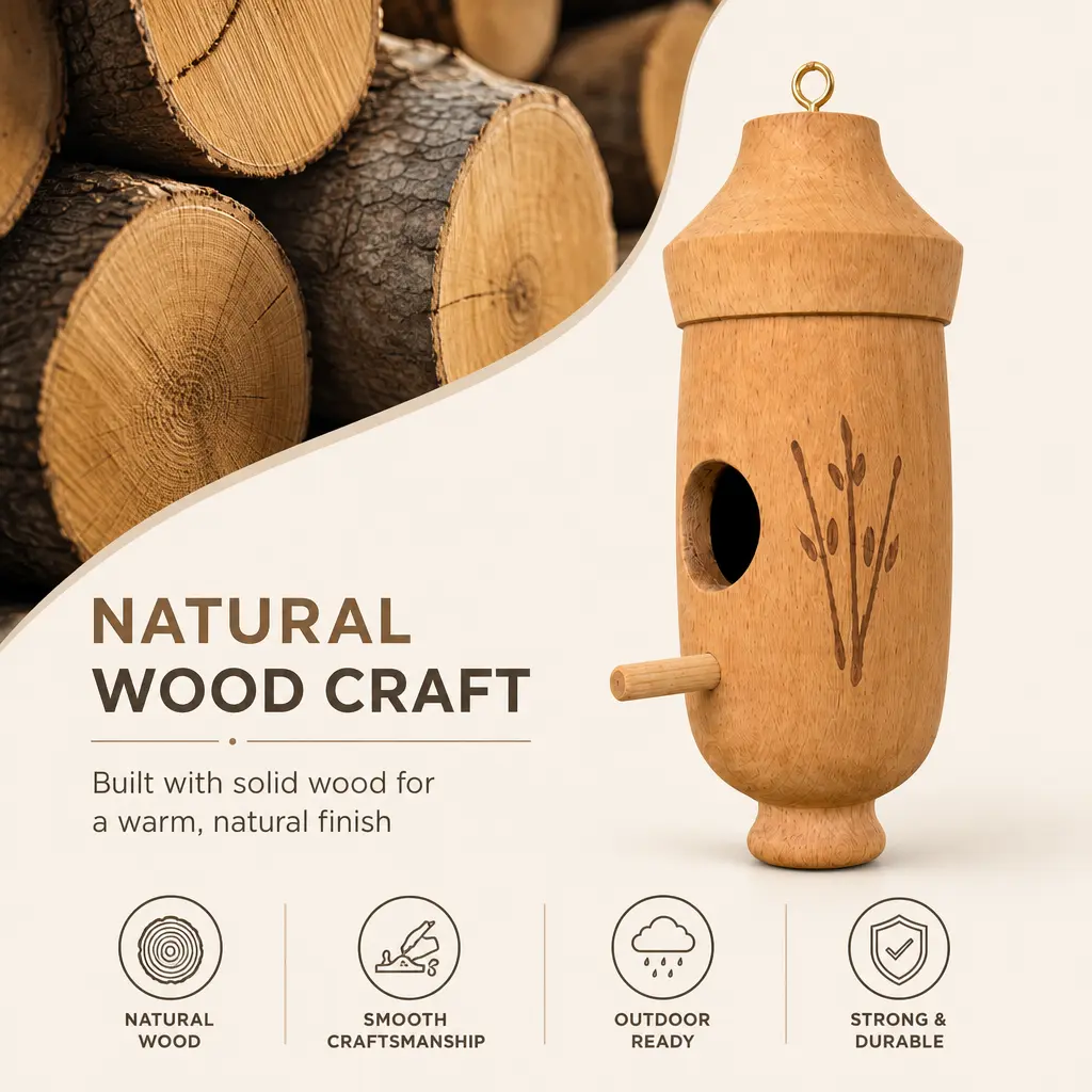A promotional image of a wooden bird feeder with text highlighting its features like 'natural wood' and 'durable'.