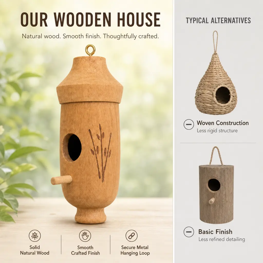 A product image comparing a smooth wooden birdhouse to a woven one and a log-style one.