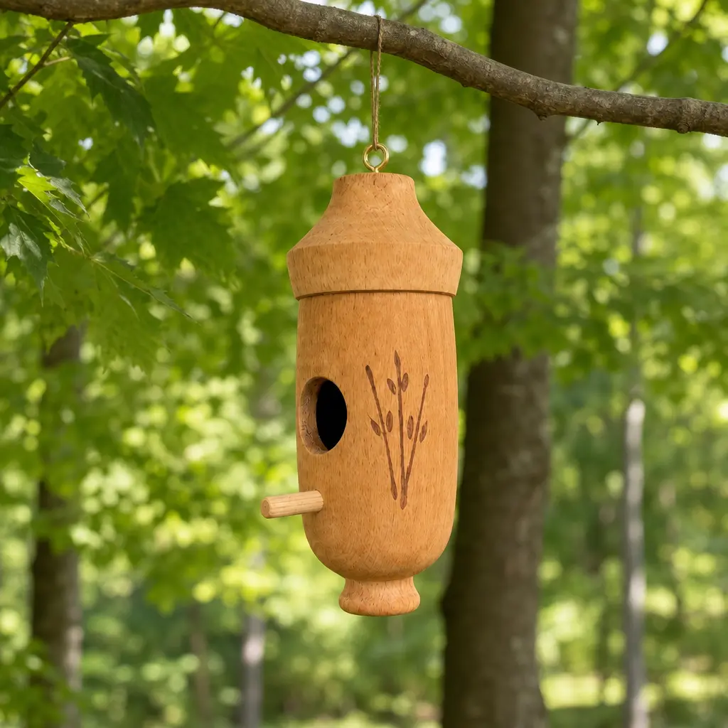 A light wood, acorn-shaped birdhouse with a branch engraving hangs from a tree limb.