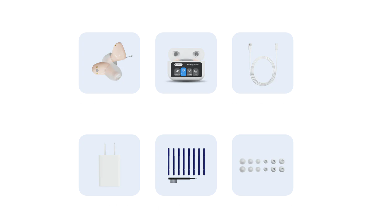 The contents of the Atom X hearing aid package, including the case, charger, cleaning tools, and replacement earbuds.