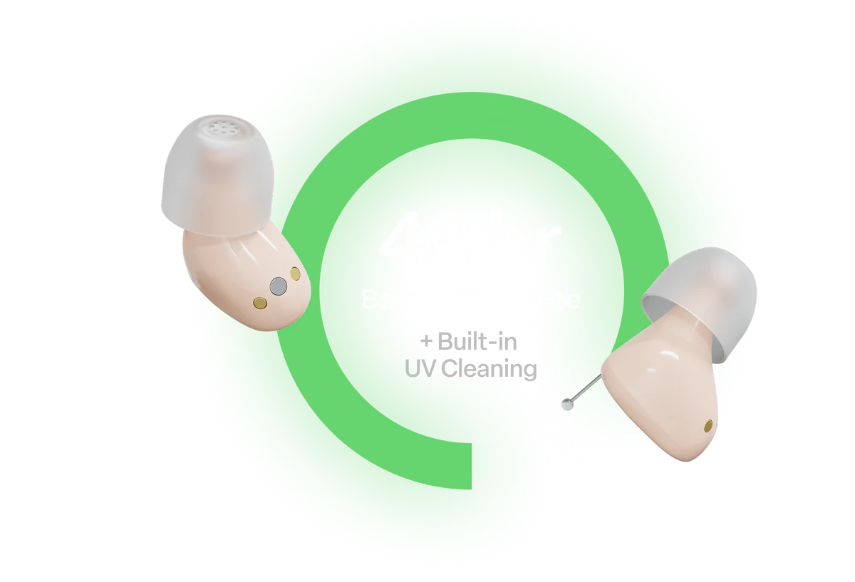 Two hearing aids against a green graphic highlighting 48hr battery life and built-in UV cleaning.